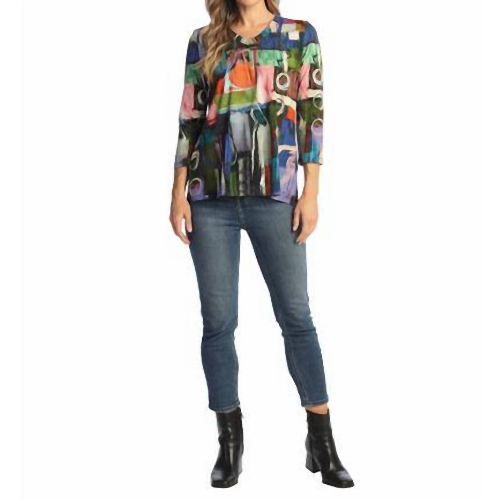 New Jess & Jane Barcelona Round Neck Top In Blue Multi